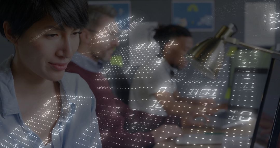 Focused Woman in Tech Office with Coding Projections