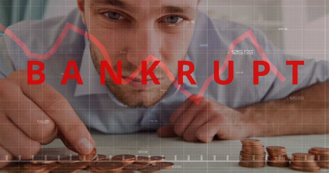 Man counting coins with bankrupt text overlay, emphasizing financial struggle