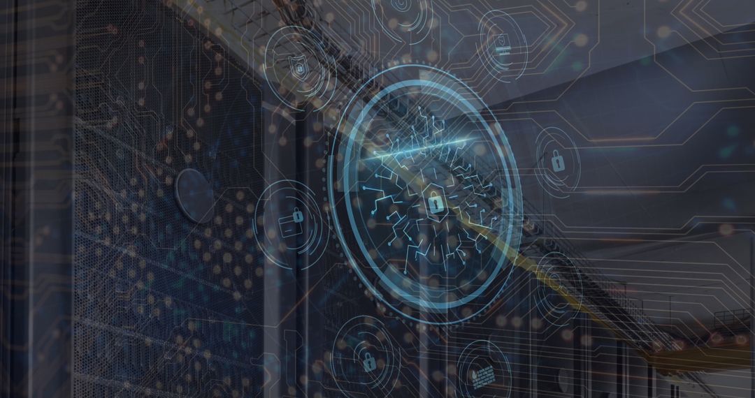 Digital Security Concept with Network and Server Room Overlays
