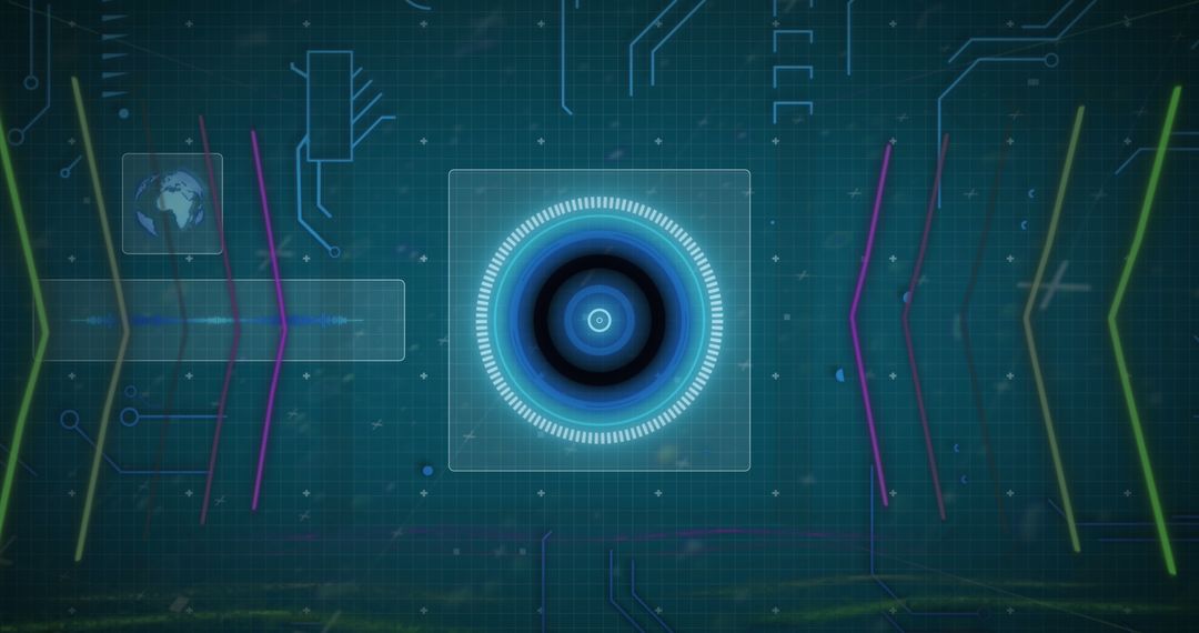 Futuristic Circuit Board with Holographic QR Code and Globe Design