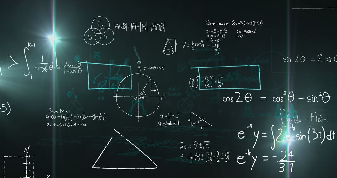 Advanced Mathematical Equations and Geometric Diagrams on Chalkboard