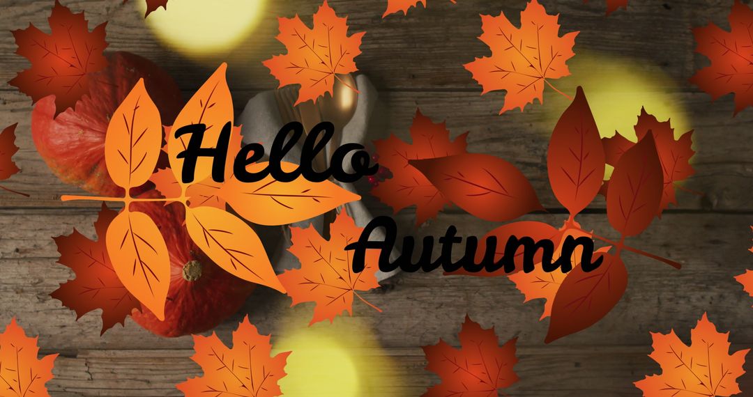 Hello Autumn Text with Fall Leaves and Pumpkins on Wood Background - Free Images, Stock Photos and Pictures on Pikwizard.com