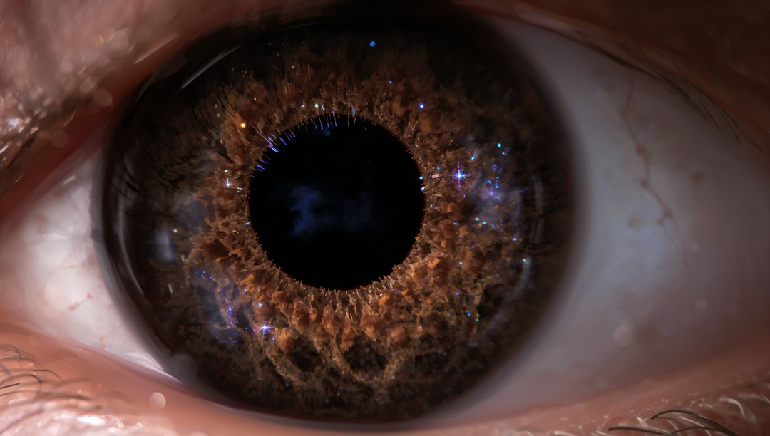 Macro Brown Iris Capturing Cosmic Starfield, Surreal Human Eye Detail and Texture Closeup