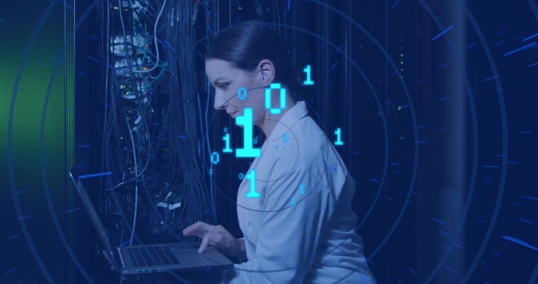 woman programmer monitoring servers in data center with binary code - Free Images, Stock Photos and Pictures on Pikwizard.com