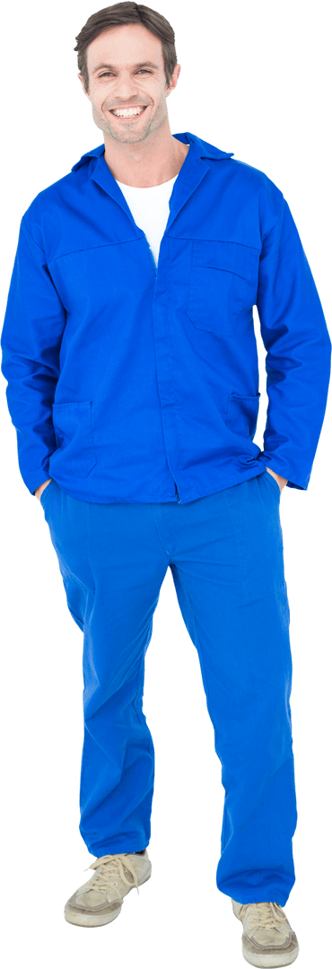 Smiling Carpenter in Blue Overalls on Transparent Background