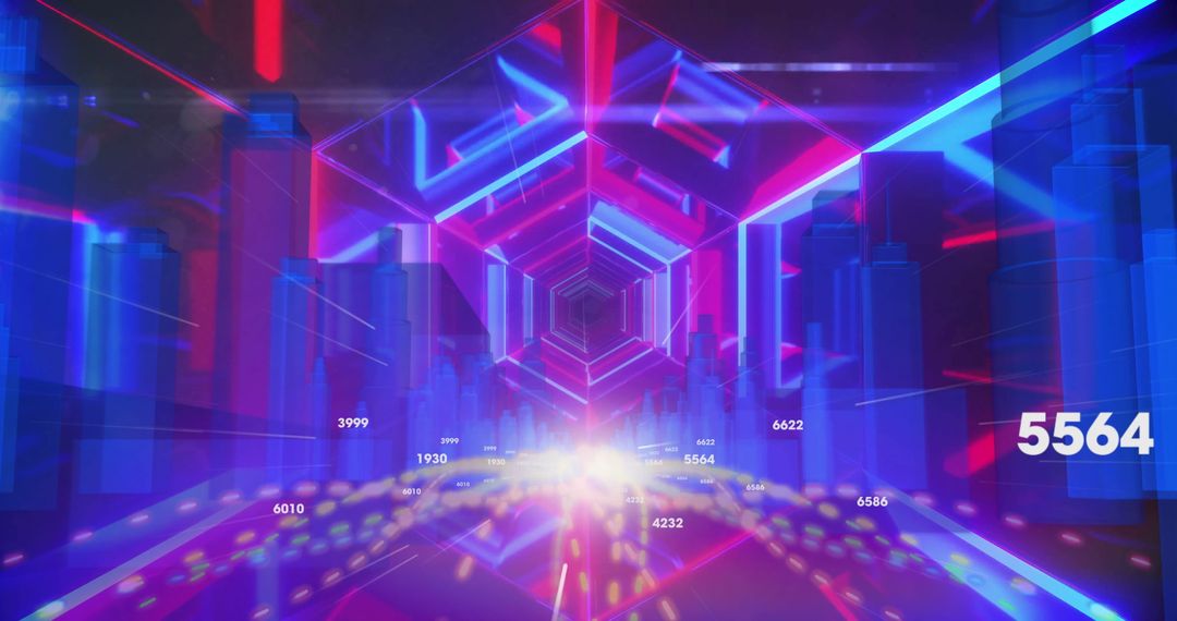 Futuristic Neon Hexagonal Tunnel with Floating Data