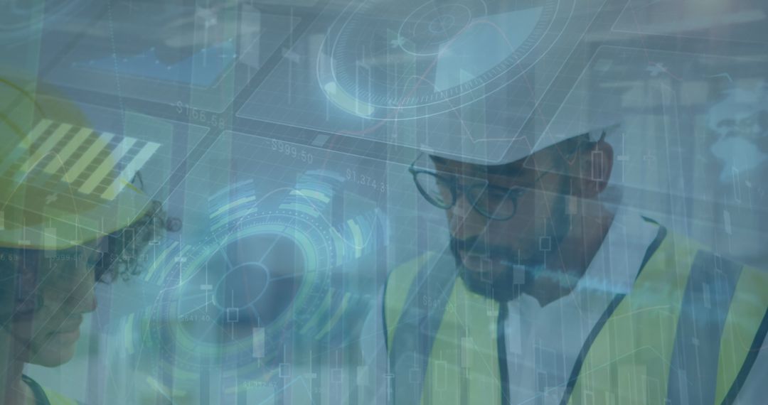 Digital Interface Overlays Mixed Race Engineers on Worksite