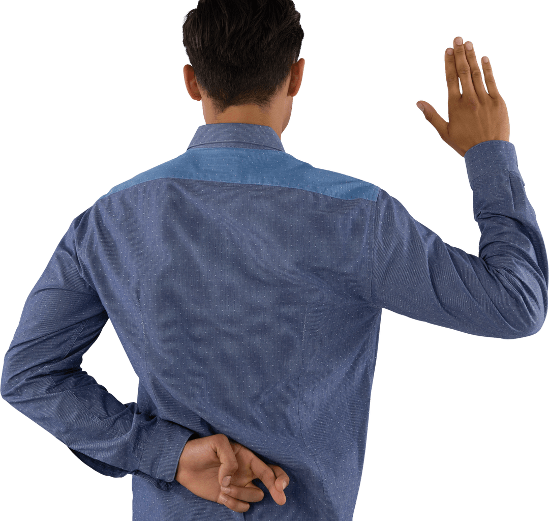 Rear View Businessman with Crossed Fingers in Transparent Effect
