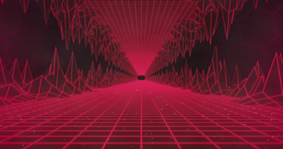 Futuristic Red Digital Tunnel with Grid Lines