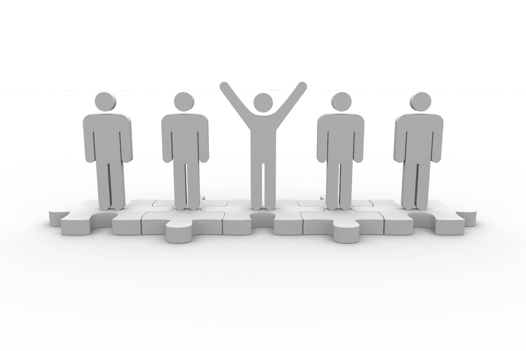 Transparent 3D Puzzle Pieces with Standing Figures Concept