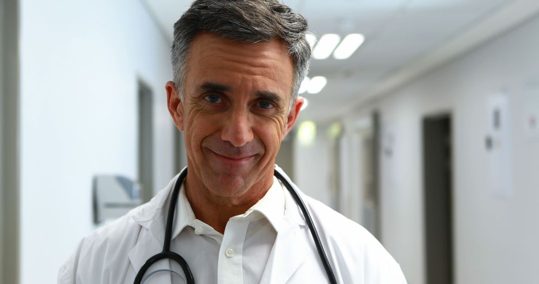 Confident Male Doctor with Stethoscope Standing in Hospital Corridor - Free Images, Stock Photos and Pictures on Pikwizard.com