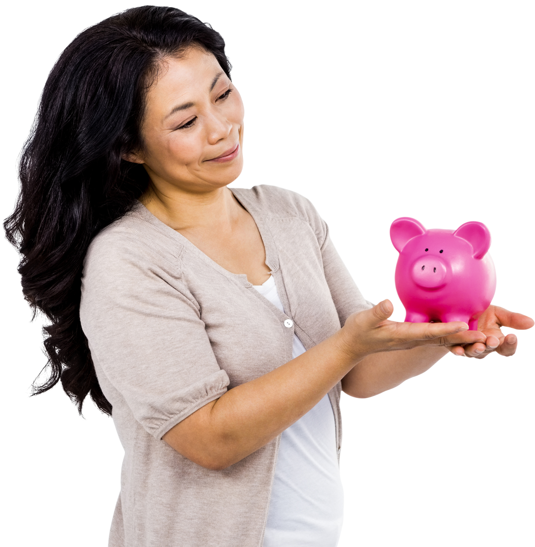 Transparent Woman Holding Pink Piggy Bank Smiling Budgeting Saving - Download Free Stock Images Pikwizard.com