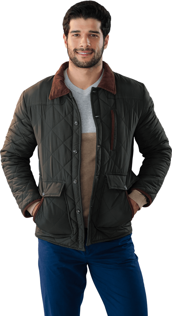 Smiling Man in Quilted Jacket with Hands in Pockets and Transparent Background