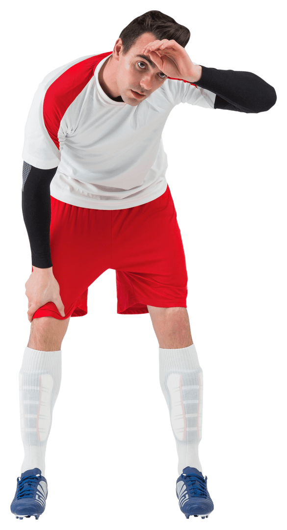 Transparent Image of Tired Soccer Player in Red and White Kit