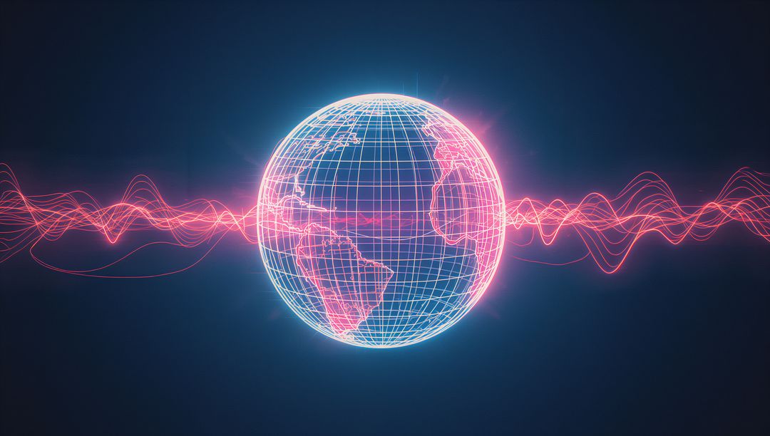 Futuristic Neon Wireframe Globe with Digital Wave Patterns