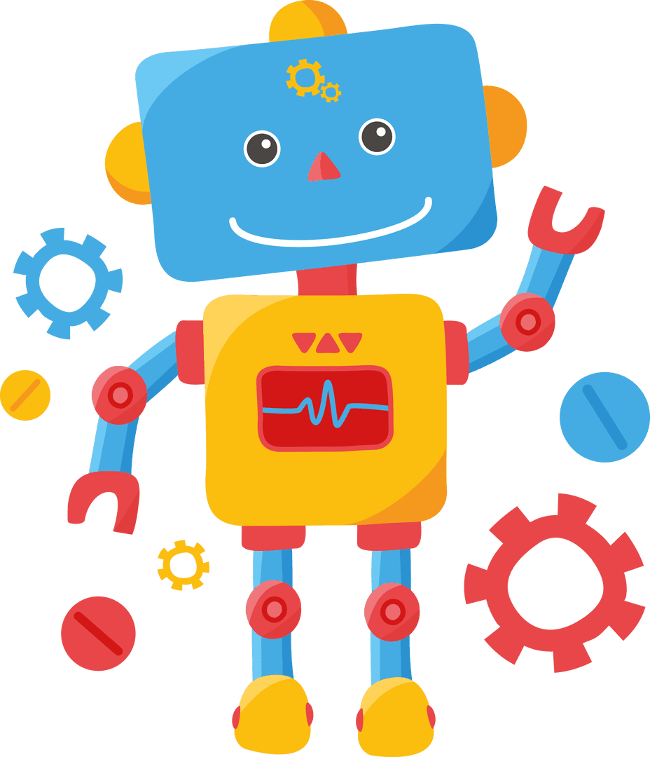 Cheerful Robot Cartoon with Gears on Transparent Background