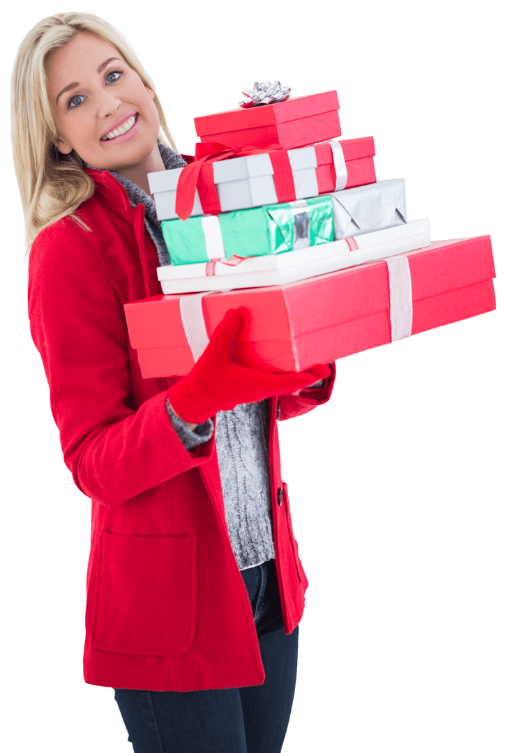 Smiling Woman Holding Stack of Colorful Gifts on Transparent Background