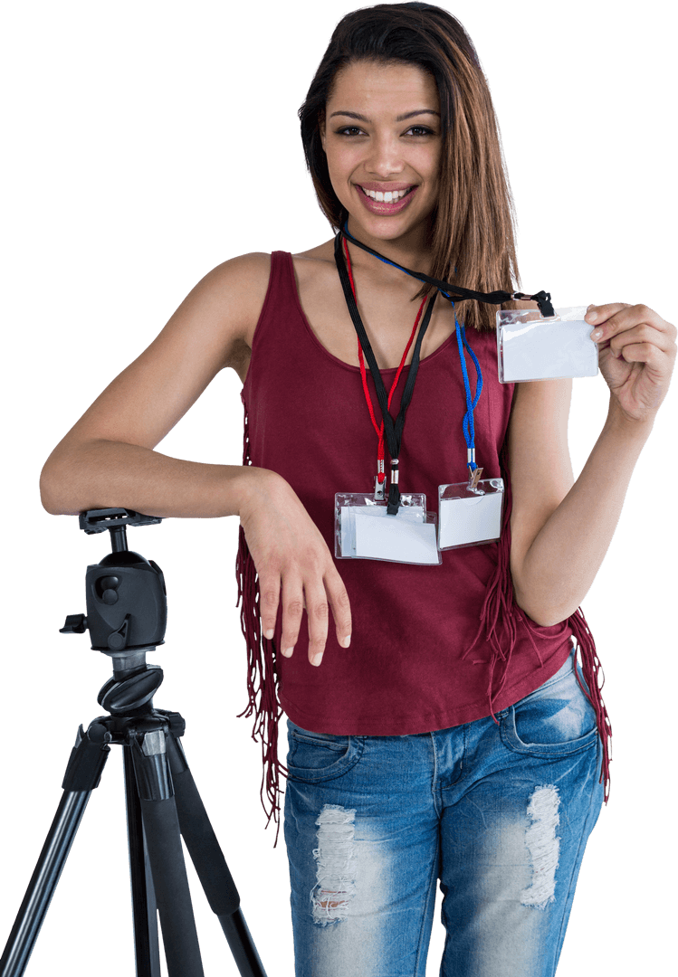 Confident Woman Displaying Transparent ID Card by Camera