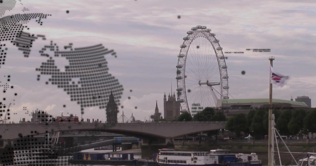 London Eye with Thames and Union Jack in Foggy Skyline