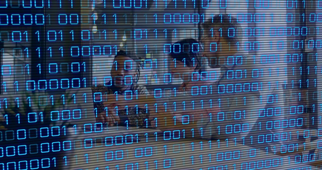 Binary Coding Overlay on Business Team Collaborating in Modern Office