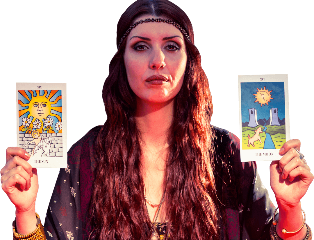 Transparent Fortune Teller with Tarot Cards and Mysterious Expression