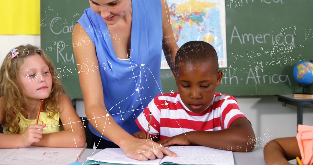 Image of math formulas over happy caucasian female teacher and diverse children at school - Free Images, Stock Photos and Pictures on Pikwizard.com