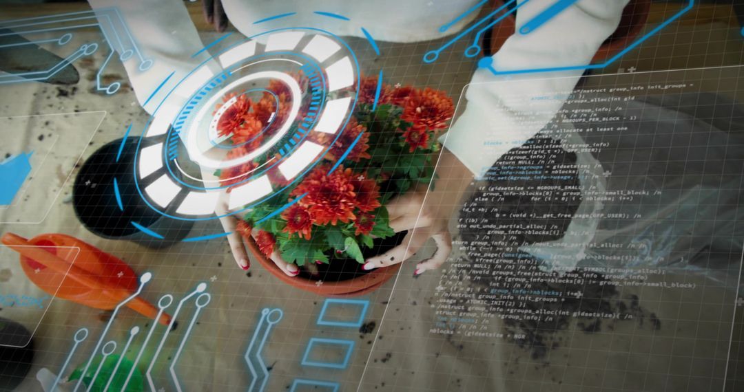Scientists Using Augmented Reality HUD Studying Potted Plant with Code Overlay