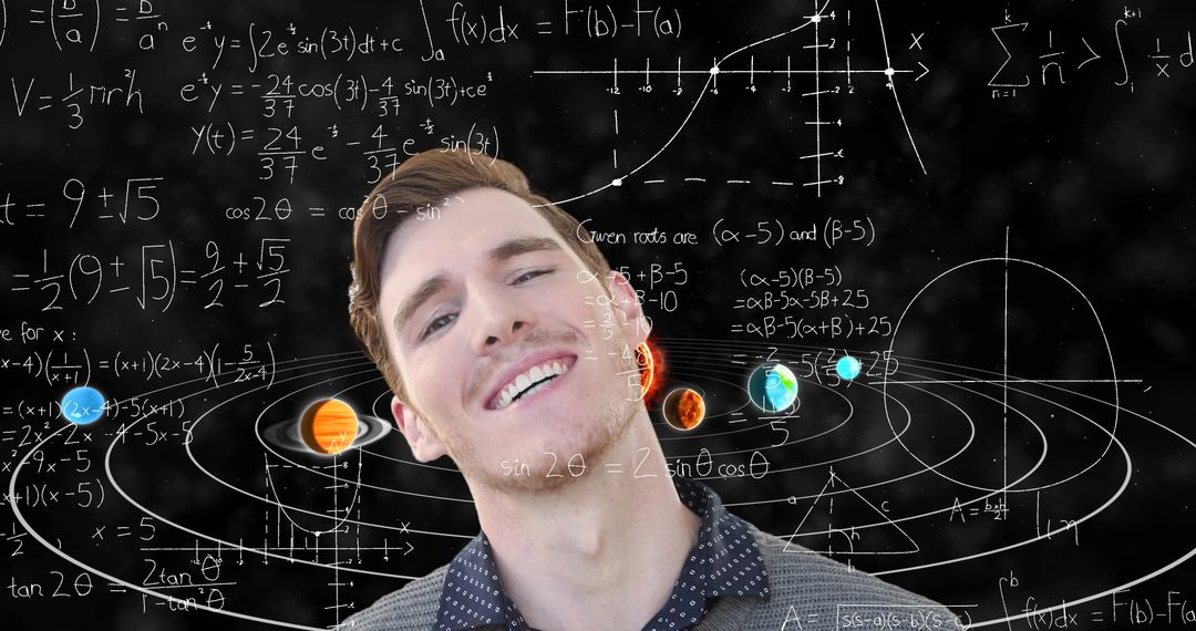 Confident Businessman Amidst Mathematical Formulas and Solar System Visualization