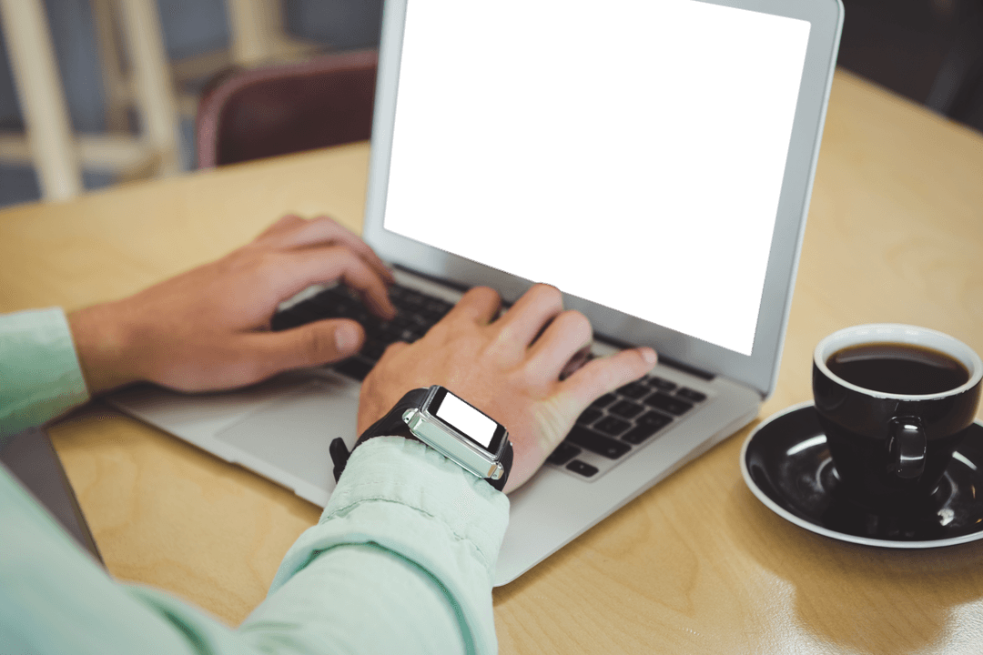 Transparent Screen: Businessman Typing on Laptop, Coffee at Hand