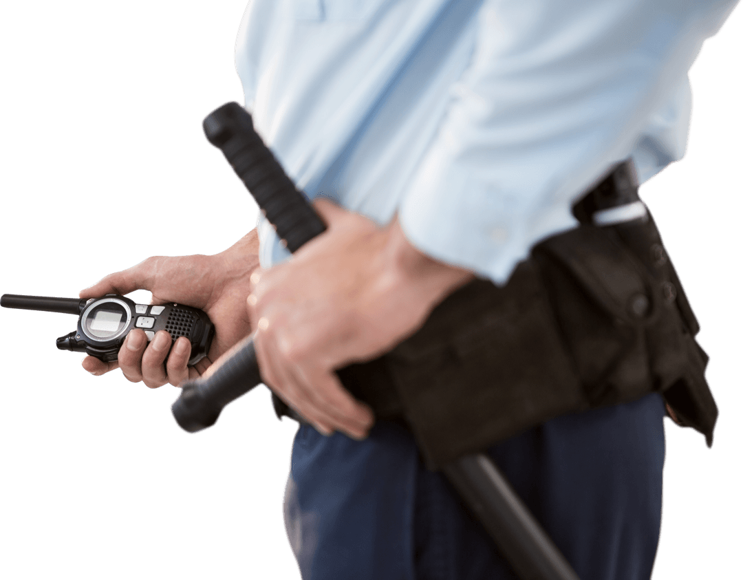 Security Officer Holding Walkie Talkie and Baton Transparent Background