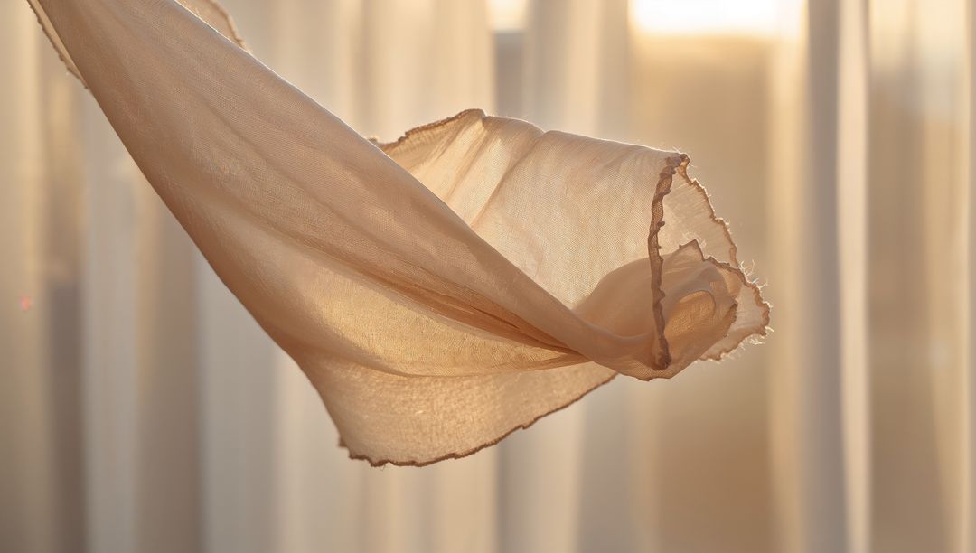 Sheer Beige Fabric Floating in Warm Backlight, Translucent Drapery Abstract
