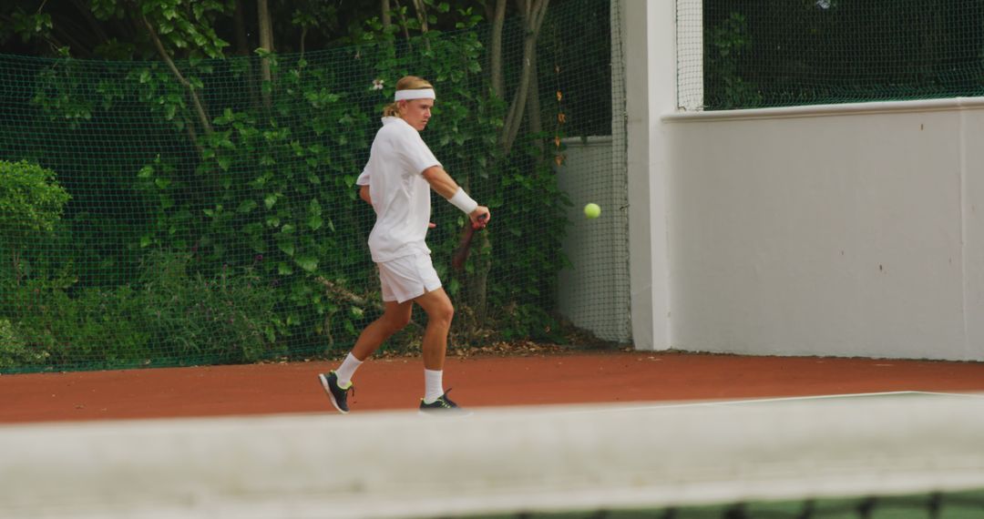 Young Tennis Player with Headband Hitting Forehand Shot - Free Images, Stock Photos and Pictures on Pikwizard.com