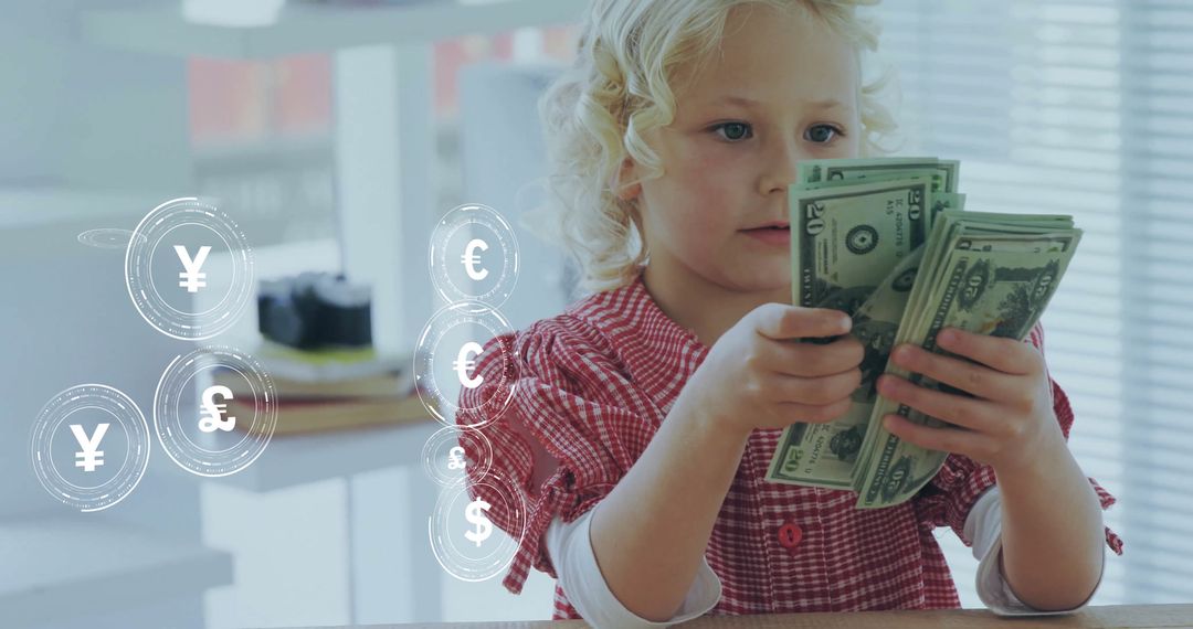 Child Playing with Money and Digital Currency Concept Icons