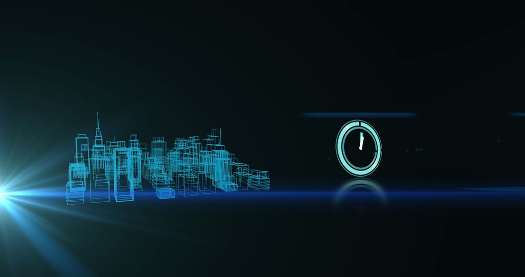 Futuristic Digital City with Clock Symbolizing Time Concept