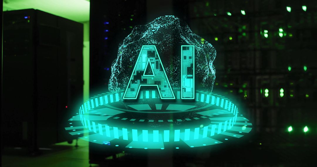 AI Text Over Futuristic Circuit in Server Room