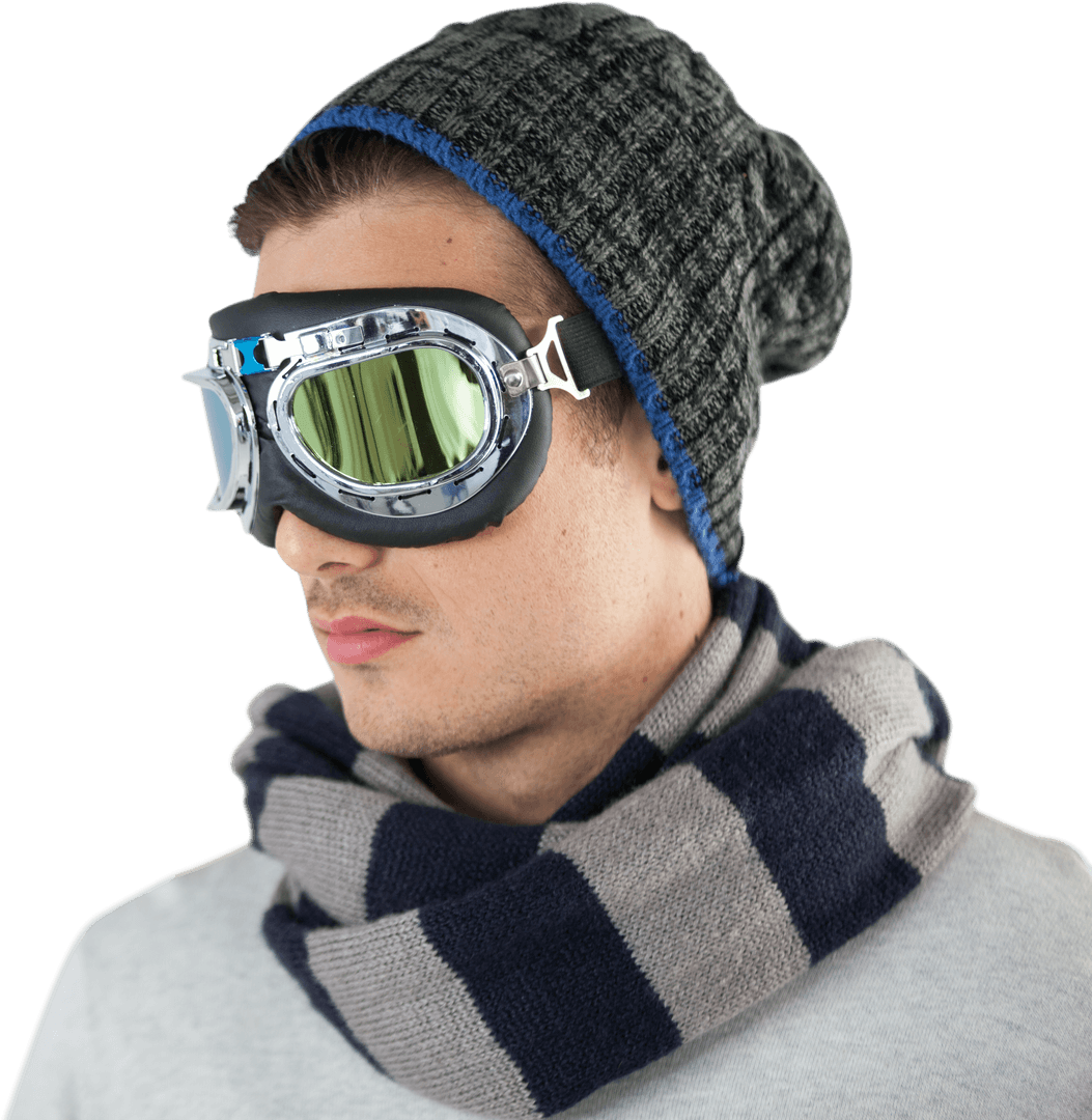 Stylish Caucasian Man Wearing Ski Goggles on Transparent Background
