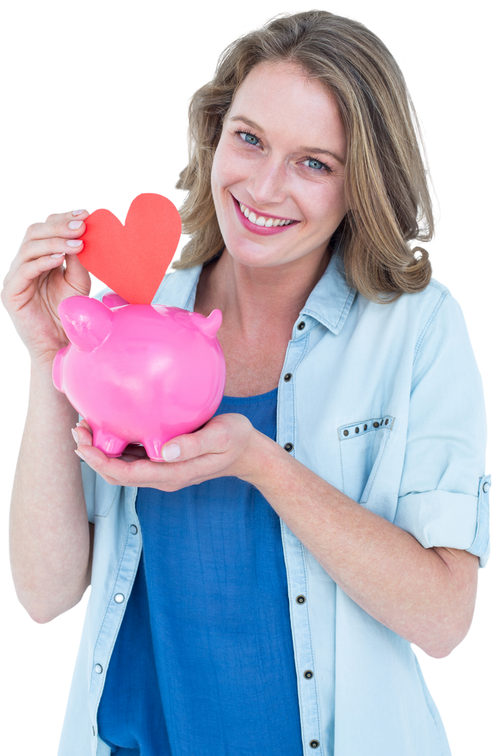 Smiling Woman Holding Pink Piggy Bank With Red Heart on White Background - Download Free Stock Images Pikwizard.com