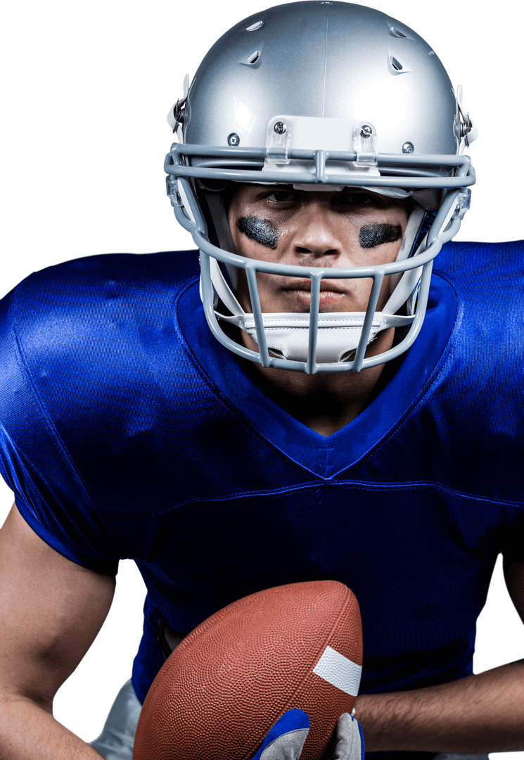 Determined Football Player in Blue Uniform with Helmet on Transparent Background