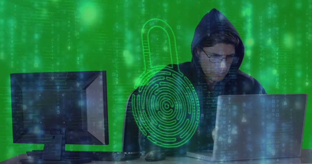 Hacker Wearing Hoodie with Laptop and Digital Lock Symbolizing Cybersecurity