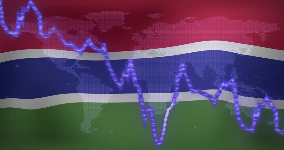Stock Market Trends Over Gambia Flag and World Map Illustration