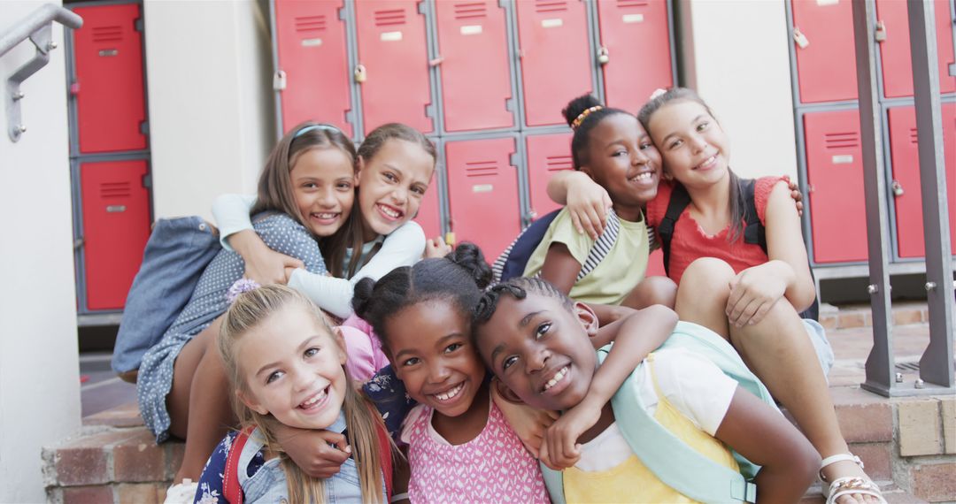 Smiling Diverse Schoolgirls Embracing Near Lockers