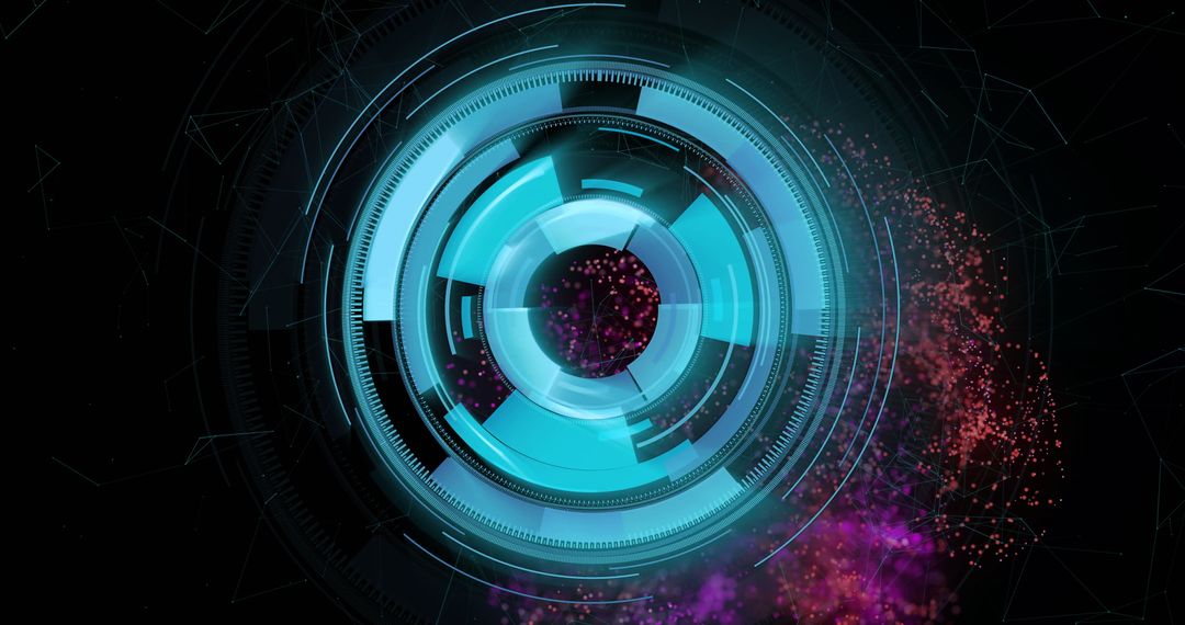 Futuristic Circular Interface with Neon Highlights and Digital Effects