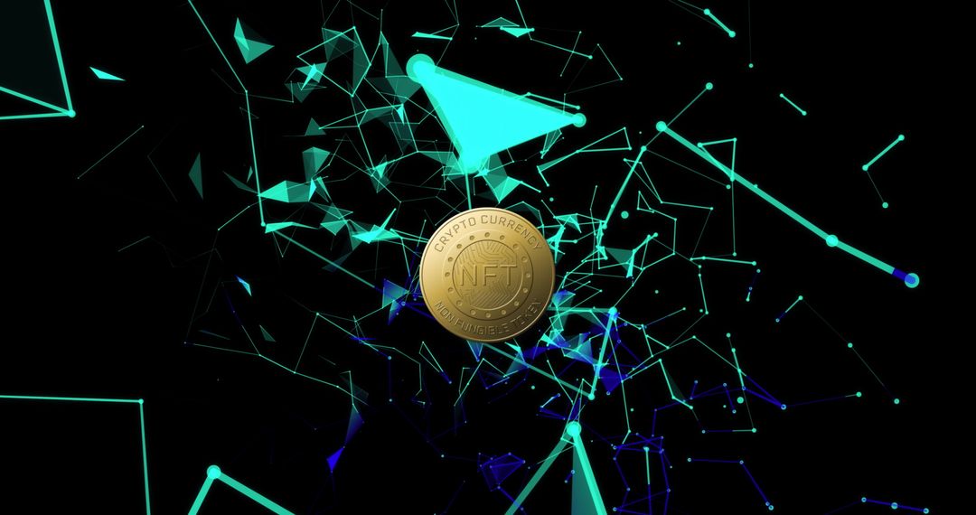 Golden NFT Coin Floating in Digital Network Matrix