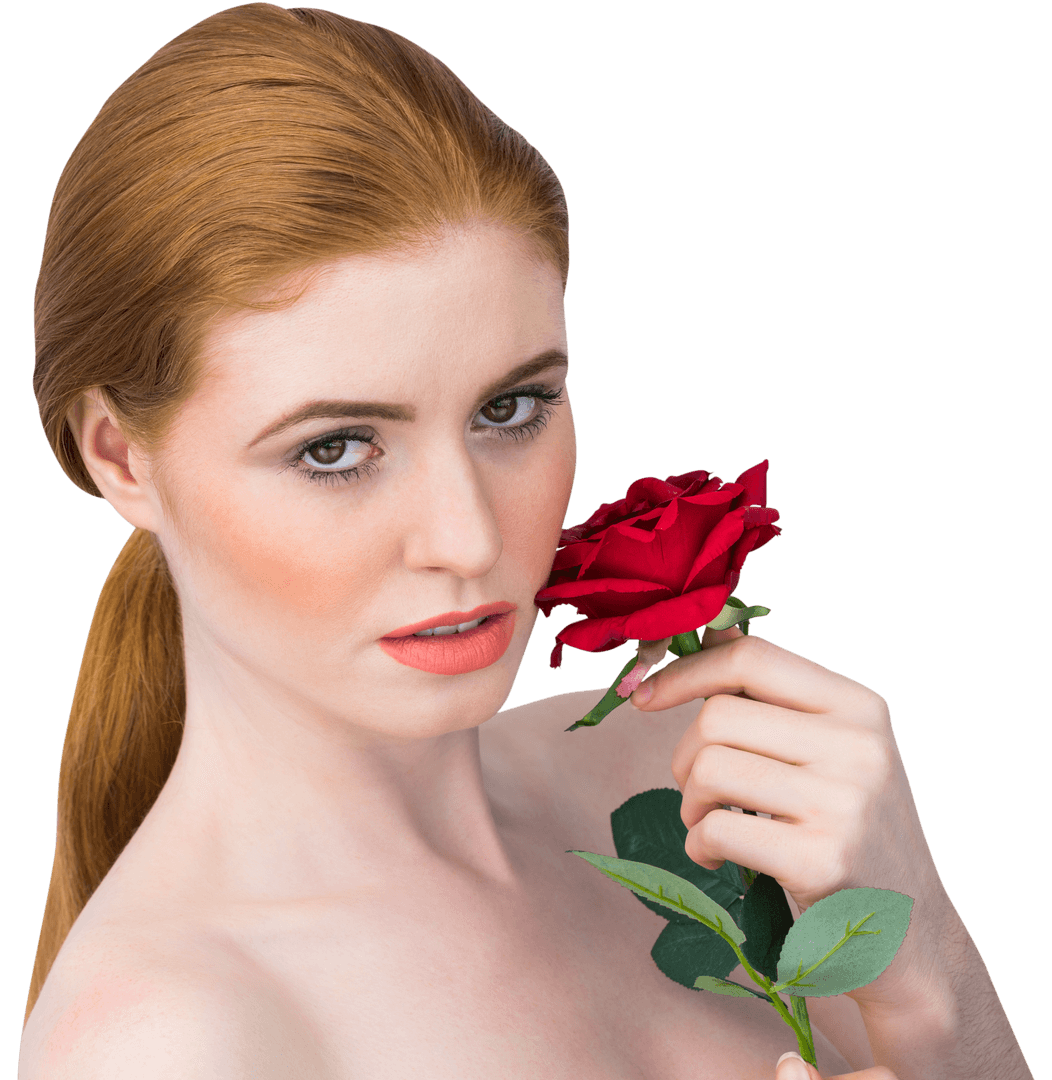 Elegant Redhead Posing With Elegant Red Rose, Transparent Background