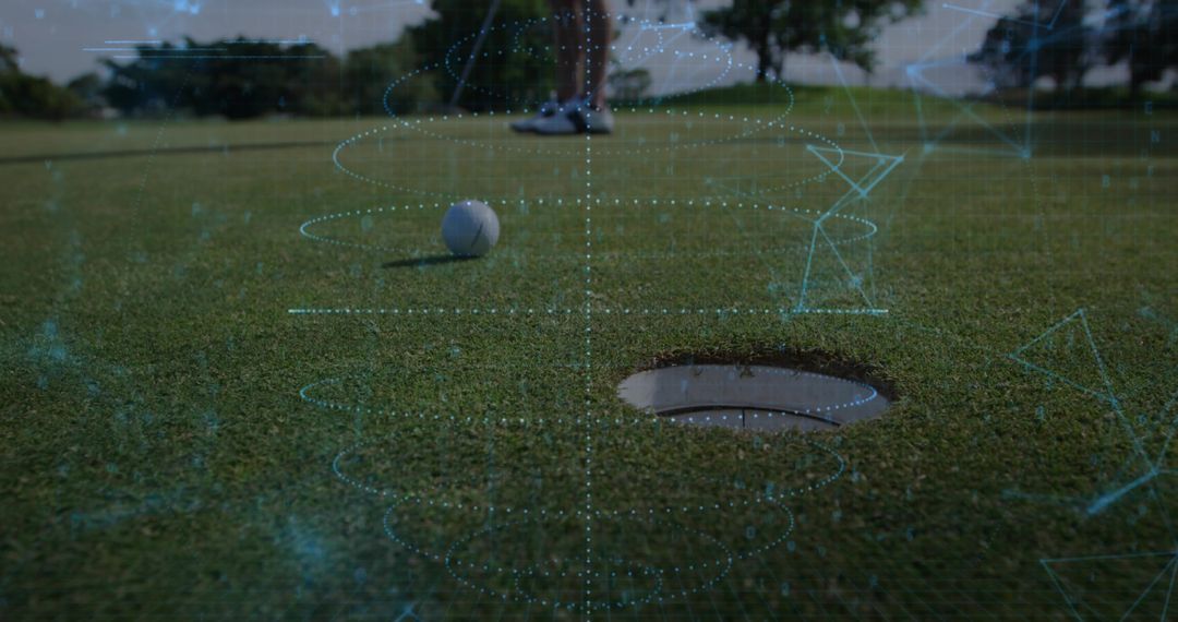 Golf Ball Resting Near Hole on Putting Green with Augmented Reality Shot Analytics