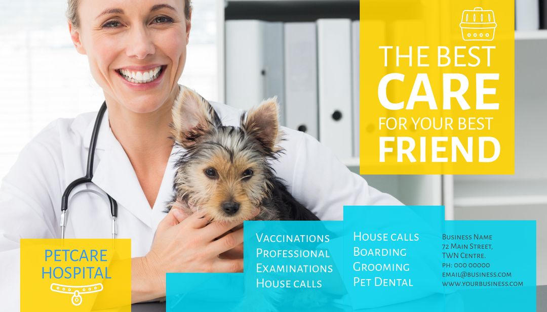 Veterinary Care Advertisement with Smiling Vet and Puppy