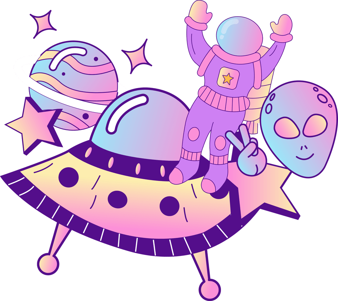 Astronaut and UFO Fantasy on Transparent Background