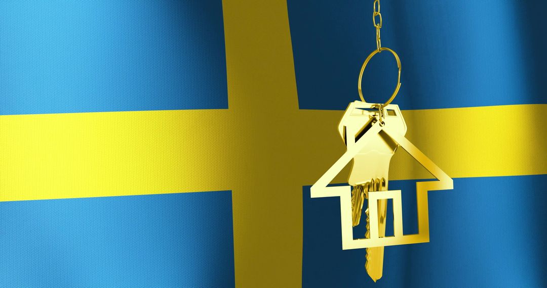 Golden House Key with Swedish Flag Background Symbolizing Real Estate