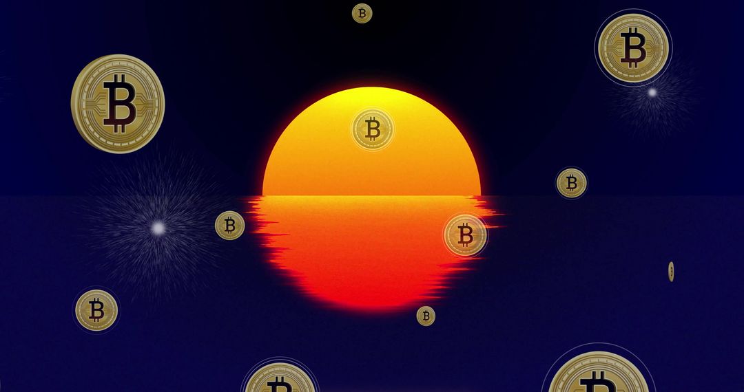 Bitcoin Coins Floating Over Reflective Sunset on Water