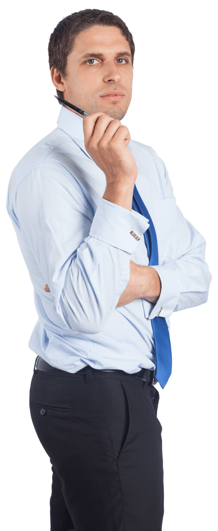 Thoughtful Businessman Holding Pen with Insightful Expression